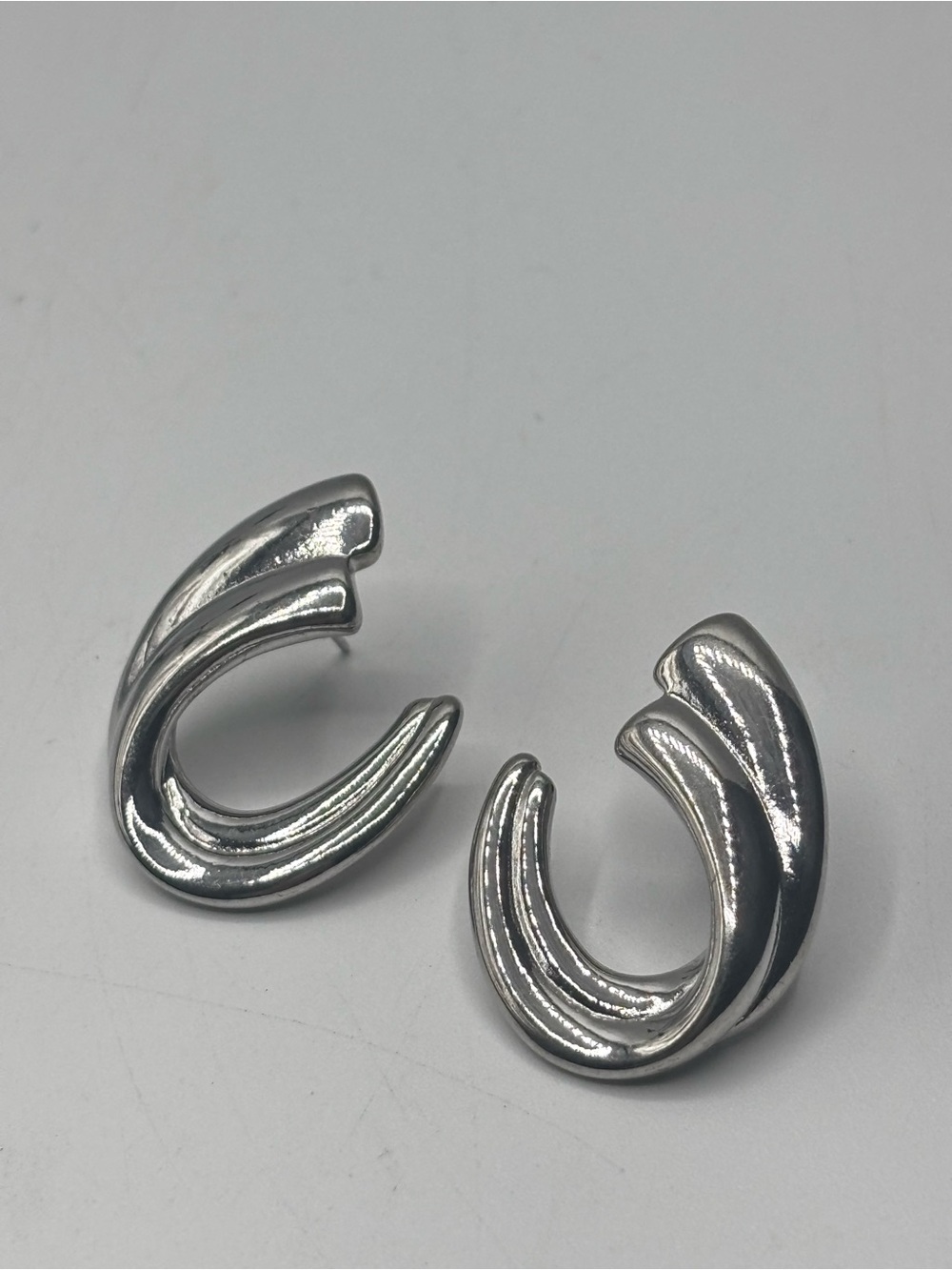 Vintage Silver Tone Sculpted Oval Half Hoop Earrings Costume Jewelry" MCM